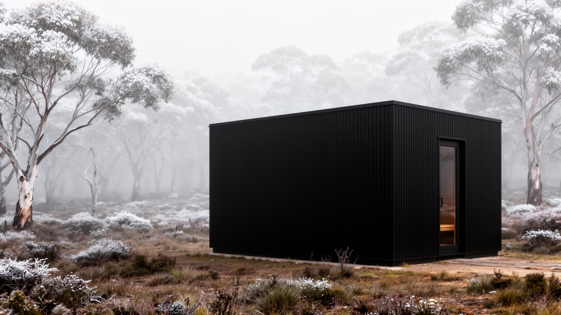 Architectural sauna in misty alpine bushland